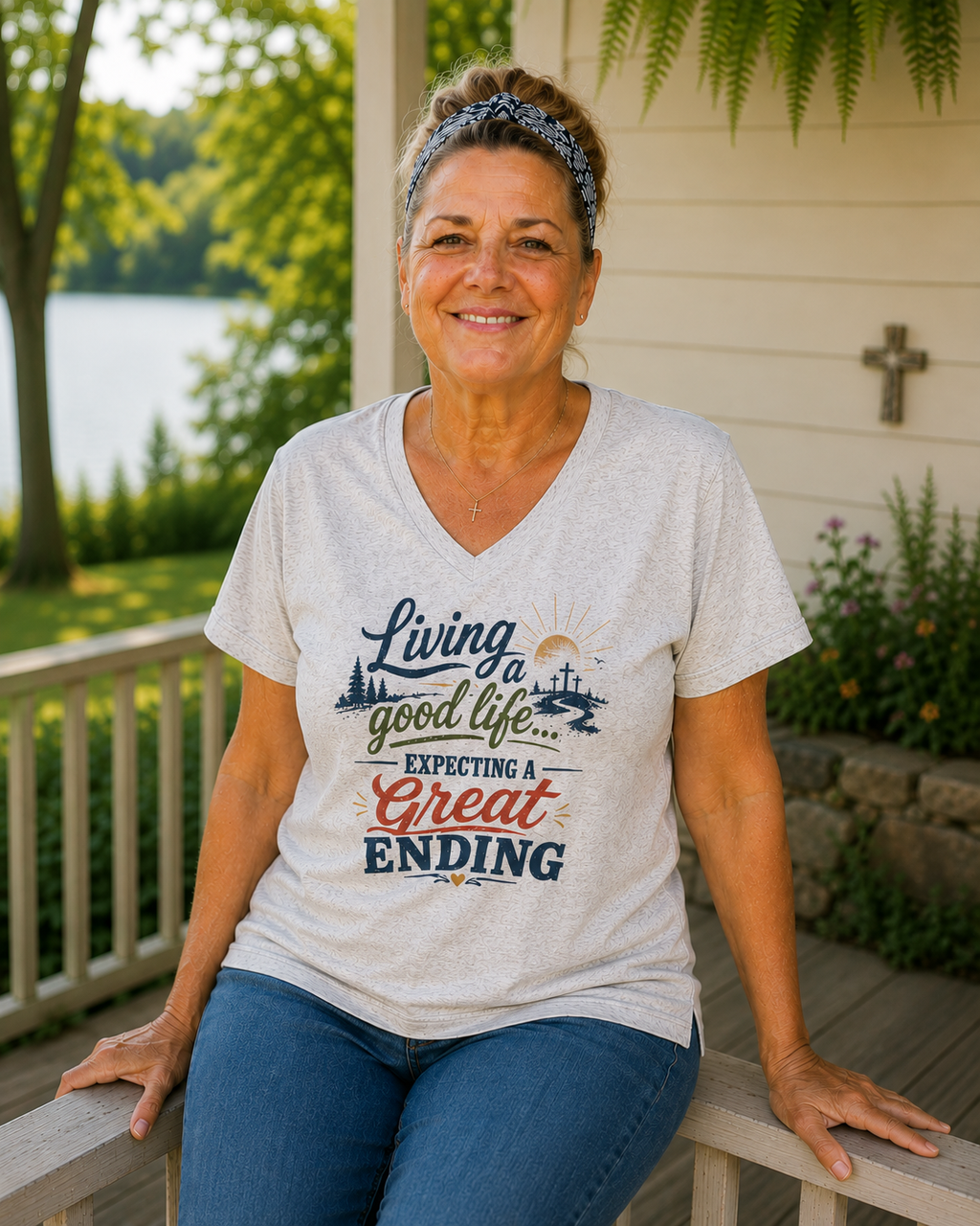 Living the Good Life V-Neck Tee — "Expecting a Great Ending" - Faith -  Color Comfort TShirt
